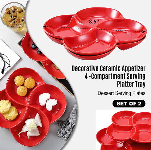 Christmas Dinner Serving Dish 8.5 inch Modern Set Of 2 Decorative Ceramic Appetizer 4 -Compartment Serving Platter Tray - Dessert Serving Plates, Red