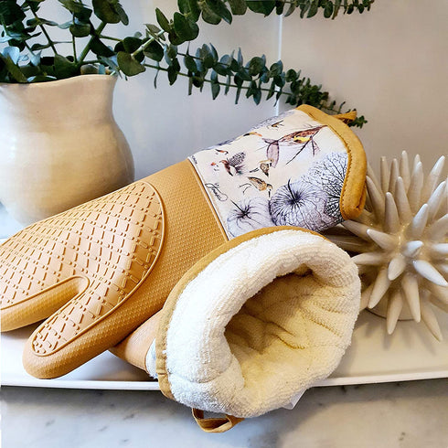 JTMUSES Kitchen Oven Mitts-Heat Resistant Silicone-480°F-Non-Slip Pot Holders-Thick Quilted Terry Cotton Interior-Flexible for Bakers-Design of Birds of Asia-The Wings Collection-Set of 2