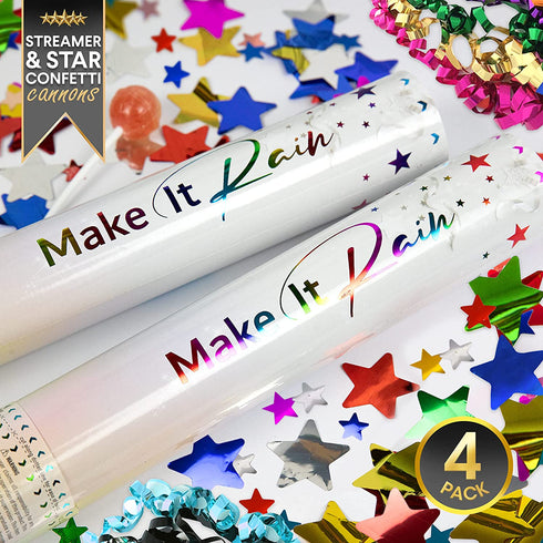 Premium Confetti Cannon - 4 Pack Multicolored | 1x Streamer Cannons and 3x Star Confetti Poppers | Launches 20-25ft | Party Poppers for Celebrations - Birthday, Graduation, New Year's Eve, Wedding
