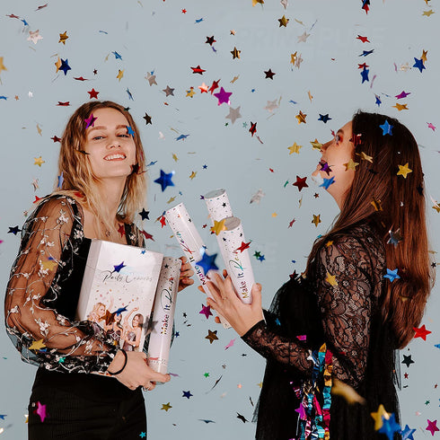 Premium Confetti Cannon - 4 Pack Multicolored | 1x Streamer Cannons and 3x Star Confetti Poppers | Launches 20-25ft | Party Poppers for Celebrations - Birthday, Graduation, New Year's Eve, Wedding
