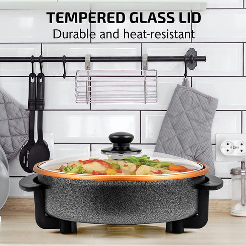 Ovente 12 Inch Electric Kitchen Skillet with Nonstick Aluminum Coated Grill Pan & Glass Lid Cover, Indoor Countertop Cooking Pan with Temperature Control & Handle Compact Easy Clean, Copper SK11112CO