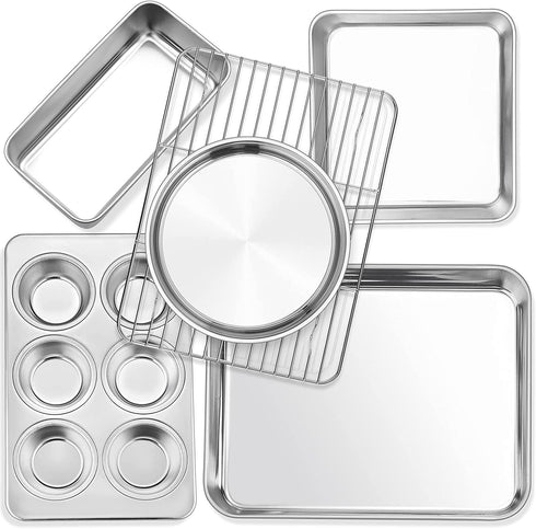 P&P CHEF Stainless Steel Small Baking Pan Set, 6-Piece Kitchen Bakeware Sets, Includes Oven Pan with Rack, Square/Round Cake Pan, Loaf & Muffin Pan, Easy Clean & Heavy Duty
