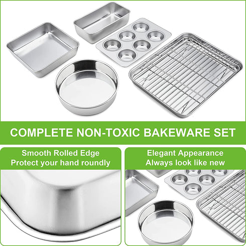 P&P CHEF Stainless Steel Small Baking Pan Set, 6-Piece Kitchen Bakeware Sets, Includes Oven Pan with Rack, Square/Round Cake Pan, Loaf & Muffin Pan, Easy Clean & Heavy Duty