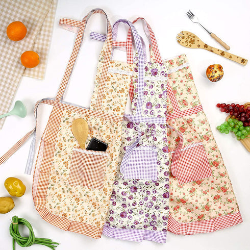 3 Pieces Kitchen Floral Aprons Soft Flower Aprons Women Chef Aprons Adjustable Cooking Aprons with Pockets for Kitchen Cooking Baking Gardening Household Cleaning Supplies, 3 Colors