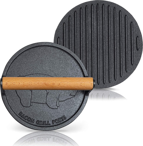 Chef's Secret 7-Inch Preseasoned Cast Iron Bacon Press, Durable Kitchen Tool with Pig Logo and Wood Handle