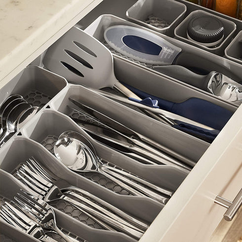Spectrum Diversified Hexa 6-Divider Silverware Buildup-Resistant Drawer Organizer & Utensil Holder with Locking Expandable Wings, Easy-to-Clean Modern Kitchen Storage & Cutlery Tray, Stone Gray