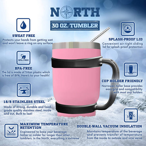 North Pink Stainless Steel Tumbler 5-Piece Set, 30 oz Vacuum Insulated, Travel Mug For Home, Office, School Like Yeti Tumbler For Ice Drink & Hot Beverage