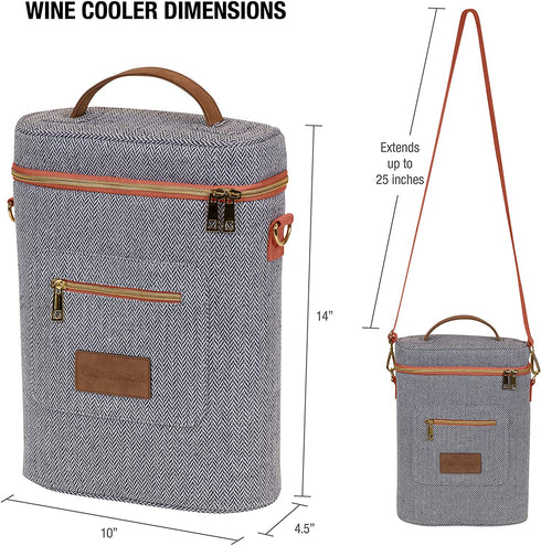 CleverMade 2 Bottle Wine Tote Carrier; Insulated Wine Cooler Bag with Adjustable Shoulder Strap and Carry Handle for BYOB Restaurants, Wine Tasting, Dinner Parties, and Picnics; Herringbone