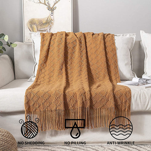 Throw Blanket for Couch Textured Knitted Blanket with Tassels Cozy Woven Boho Brown Bed Blanket for Sofa Bed Chair Diamond Pattern 50x60 Inches MIULEE