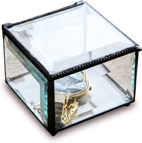 Retro Clear Glass Box Keepsake Jewelry Trinket Boxes Home Decor, Beveled Glass Display Box, 3.75x3.75x3 in