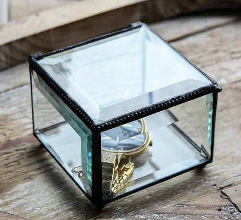 Retro Clear Glass Box Keepsake Jewelry Trinket Boxes Home Decor, Beveled Glass Display Box, 3.75x3.75x3 in