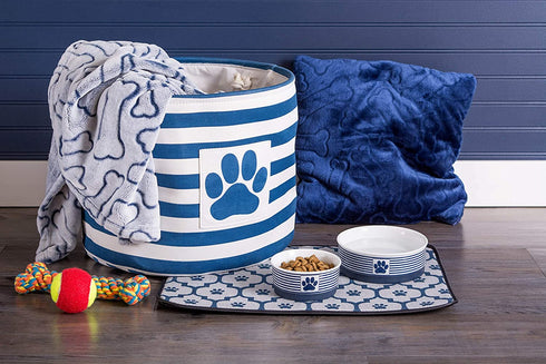 Bone Dry Pet Storage Collection Striped Paw Patch Bin, Large Round, Navy