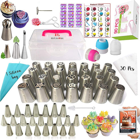 90PCs Russian Piping Tips Complete Set-Cake Piping Bags and Tips Set,Cookie,Cupcake& Cake Decorating Kit Baking Supplies-Cake Frosting Tools,28 Russian Tips,24 Icing Tips,Leaf&Ball Tips,31 Pastry Bags