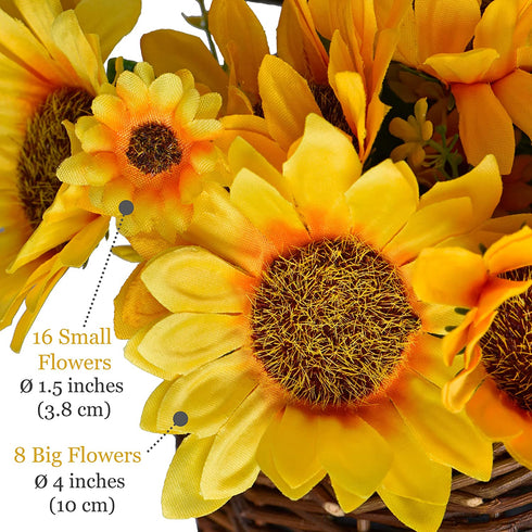 Tapeera Set of 2 Artificial Sunflower Wall Decor In Hanging Hand Woven Basket - Faux Sunflower Kitchen Decor - Fake Sunflower Decor For Kitchen - Sunflower Bathroom Decor Wreath Sun Flowers Home Decor