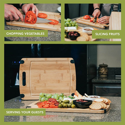 Olive's Kitchen Organic Bamboo Cutting Board Set (2 Pack) - Reversible Bamboo Cheese Board Medium & X-Large Bamboo Cutting Boards for Kitchen Non-Slip Cutting Board Bamboo Charcuterie Board