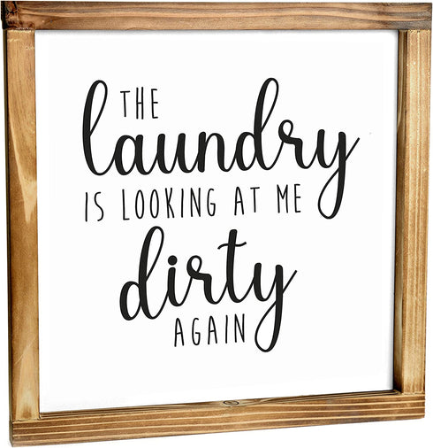 Laundry is Looking at Me Dirty Again Sign 12x12 Inch - Farmhouse Laundry Room Rustic Decor, Farmhouse Laundry Sign Decor, Square Laundry Sign, Wooden Laundry Sign, Laundry Looking at Me Dirty Sign