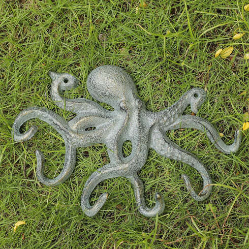 ChasBete Octopus Iron Wall Hooks for Hanging, Rustic Decorative Hooks/ Key Holder/ Coat Hooks/ Towel Hooks with 6 arms - Gold Green