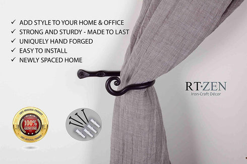 RTZEN Decorative Small Curtain Holdbacks - Set of 2 - Wrought Iron Window Drapery Tiebacks - Handmade Rod Drape Tieback Black Hooks - Rot Metal Drapes Hangers - Unique Hand Craft Décor