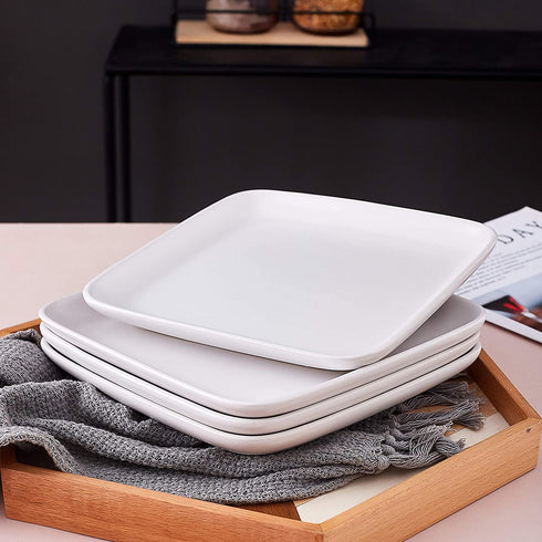 Bruntmor 8-Inch Set of 4, Heavy Duty Ceramic Dinner Plates, Elegant Matte Square Serving Plates for Dessert, Classic Serving Plate for Steak, Pasta and Salad, Dinner Plates, White