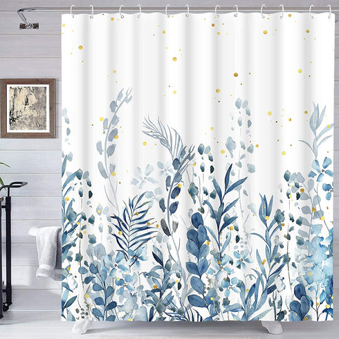 Blue and Grey Shower Curtain, Floral Shower Curtain with 12 Hooks, Teal Plant Shower Curtain, Botanical Nature Leaf Shower Curtain, Waterproof Shower Curtains for Bathroom