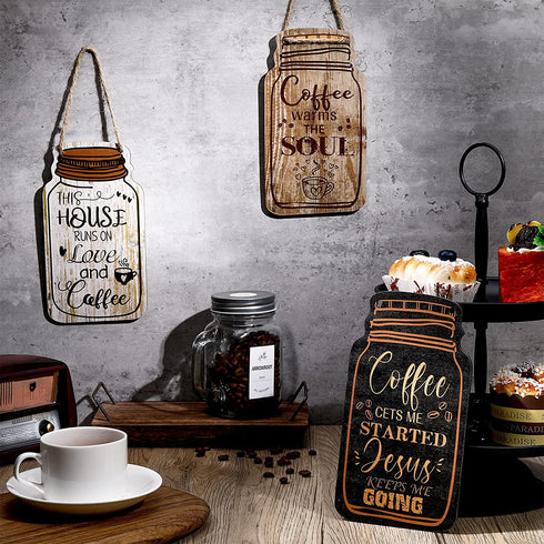 Jetec 3 Pieces Wood Coffee Sign Mason Jar Wall Hanging Plaque Farmhouse Coffee Decor Farmhouse Coffee Bar Decor Sign for Kitchen Decor Office Home Wall Table Decor (Simple Style)