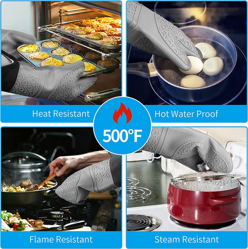 SD SENDAY Silicone Oven Mitts Baking Set, Extra Long 7Pcs Heat Resistant Non-Slip Cotton Lining Gloves with Mini Oven Gloves and Hot Pads Potholders & Brush for BBQ Kitchen Baking Cooking