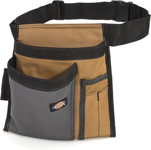 Dickies 5-Pocket Single Side Tool Belt Pouch/Work Apron for Carpenters and Builders, Durable Canvas Construction, Adjustable Belt for Custom Fit, Grey/Tan