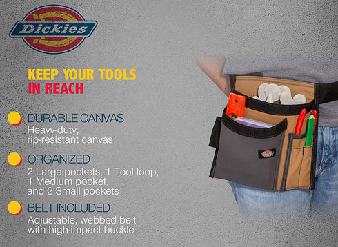Dickies 5-Pocket Single Side Tool Belt Pouch/Work Apron for Carpenters and Builders, Durable Canvas Construction, Adjustable Belt for Custom Fit, Grey/Tan