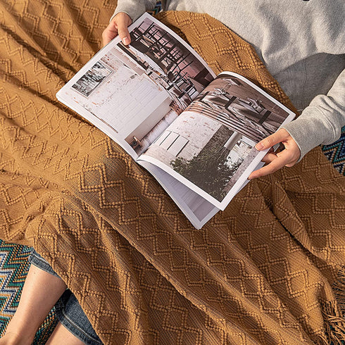 Throw Blanket for Couch Textured Knitted Blanket with Tassels Cozy Woven Boho Brown Bed Blanket for Sofa Bed Chair Diamond Pattern 50x60 Inches MIULEE
