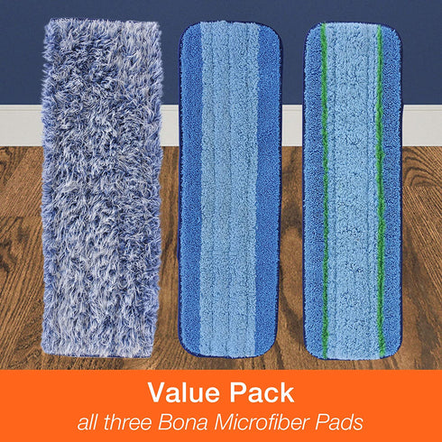 Bona Microfiber Pad 3-Pack includes Dusting, Cleaning, and Deep Cleaning Pad, for Hardwood and Hard-Surface Floors, fits Bona Family of Mops