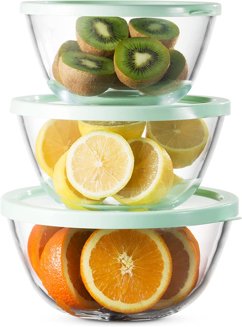 Mixing Bowls with Lids, Glass Mixing Bowl Set with BPA Free Lids, Space Saving Nesting Bowls, Food Storage Containers, 6 Piece Set Glass Bowls with Lids