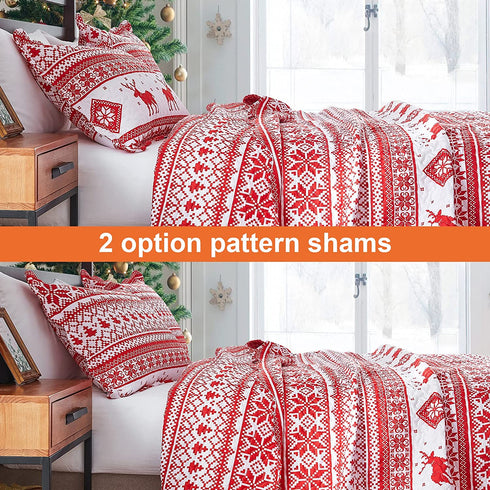 EHEYCIGA Red Printed Quilt Set Queen Christma Reindeer Snowflakes Reversible Holiday Home Décor - Bedspread Coverlet.