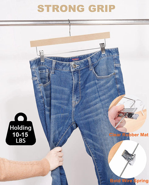 Amber Home Natural Wooden Pants Hangers 10 Pack, Solid Wood Skirt Hanger Bottom Hanger Clips Hangers for Slacks, Jeans, Shorts with 2-Adjustable Clips (Natural, 10 Pack)