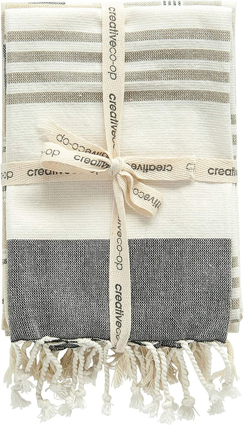 Creative Co-Op Grey & Tan Striped Cotton Tea Towels with Tassels (Set of 3) Entertaining Textiles, Grey, 3 Count