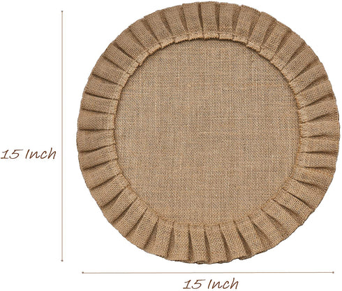 Rustic Farmhouse Burlap Round Placemats, Set of 4, Size in 15 Inches Diameter, Ruffle Trim Design (4)