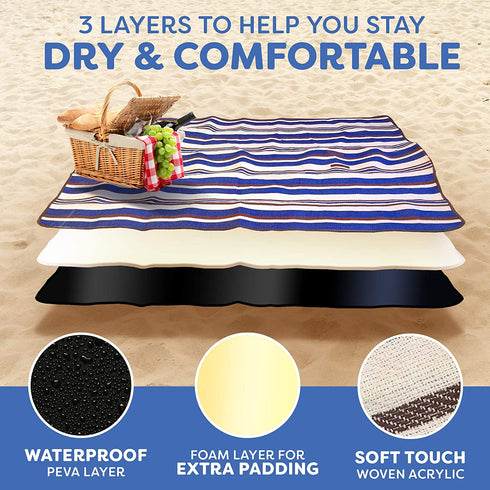Extra Large Picnic & Outdoor Blanket Dual Layers for Outdoor Water-Resistant Handy Mat Tote Spring Summer Blue and White Striped Great for The Beach