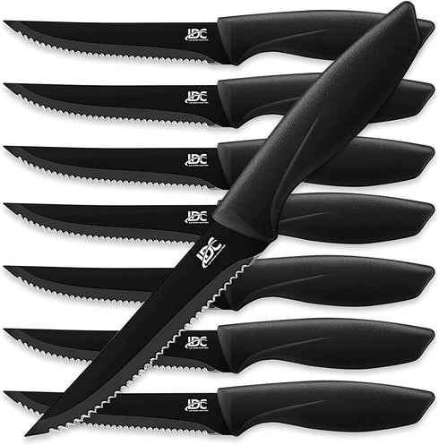 LDC Steak Knives Set of 8 - Black Steak Knife Set & Dinner Knife Set- Stainless Steel, Ultra-Sharp, Scratch Resistant And Rust Proof - Non Stick and Dishwasher Safe - Serrated Steak Knives