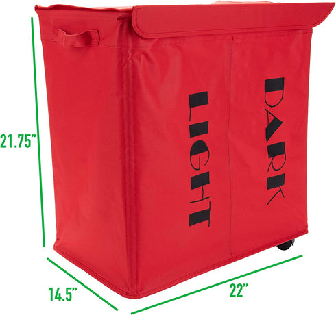 Mind Reader Double Rolling Hamper Laundry Sorter with Lid, Wheels, Handles, Red