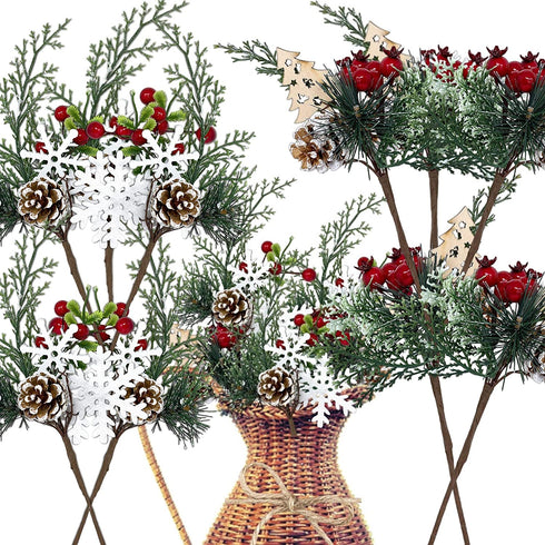 BANBERRY DESIGNS Woodsy Floral Picks Set of 10 Snow Tip Pinecone Red Berries Sprays Wooden Embellishments DIY for Christmas Garlands Wreaths Flower Arrangements Rustic Home Décor
