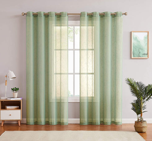 Green Linen Sheer Curtain Panel Pairs with Grommets/Eyelets Rustic Window Drape Treament Decoration for Living Room Bedroom Farmhouse, 54x63 Inch, 2 Panels, Sage