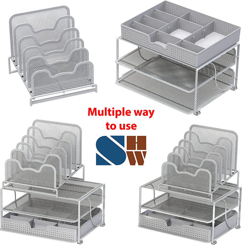 SimpleHouseware Mesh Desk Organizer with Sliding Drawer, Double Tray and 5 Stacking Sorter Sections, Silver