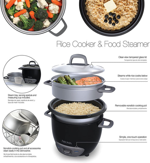 Aroma Housewares 6-Cup (Cooked) Pot-Style Rice Cooker and Food Steamer, Black ARC-743-1NGB