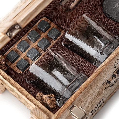 Whiskey Stones Gift Set for Men | Whiskey Glass and Stones Set with Rustic Wooden Crate, 8 Granite Whiskey Rocks Chilling Stones, 10oz Whiskey Glasses | Whiskey Gift for Men, Dad, Husband, Boyfriend