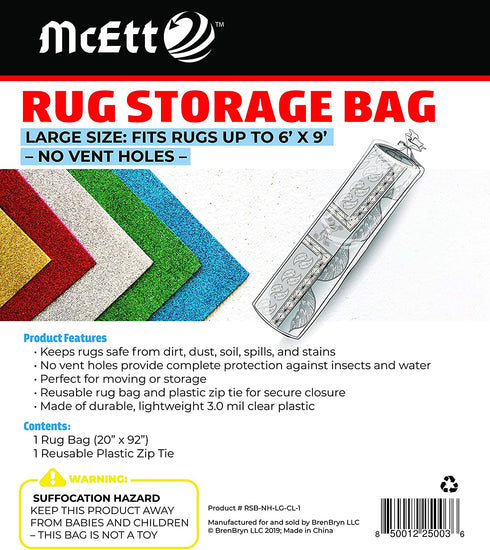 Rug Storage Bag and Zip Tie - NO Vent Holes - Large Size Fits Rugs up to 6' x 9' - Protects Rolled Rugs for Moving or Storage