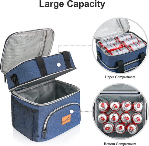 ExtraCharm Insulated Lunch Bag for Men Women Adult, Dual-Compartment Large Lunch Box Reusable Lunchbox Cooler for Work Office Picnic