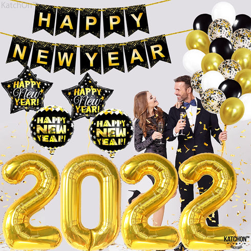 Huge Happy New Year Decorations 2022 Set - 43 Pieces | 40 Inch Gold 2022 Balloons Numbers | Large 10 Feet Happy New Year Banner | New Years Eve Party Supplies For New Years Backdrop | Nye Decorations
