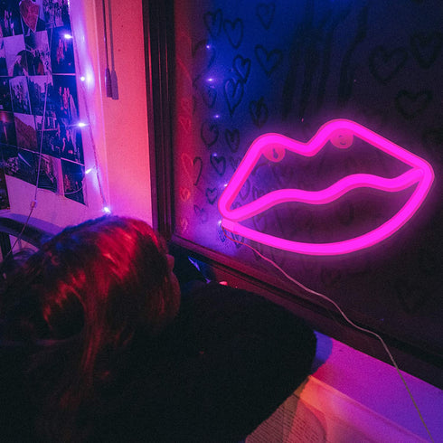 Fiee Pink Lip Shaped Neon Signs,Led Safety Art Wall Decoration Lights Neon Lights Night Table Lamp with Battery Powered/USB for Kids Gift,Baby Room,Wedding(Pink Lip)