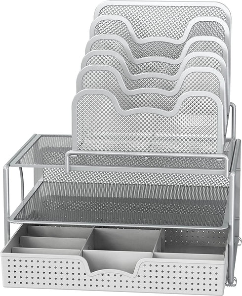 SimpleHouseware Mesh Desk Organizer with Sliding Drawer, Double Tray and 5 Stacking Sorter Sections, Silver