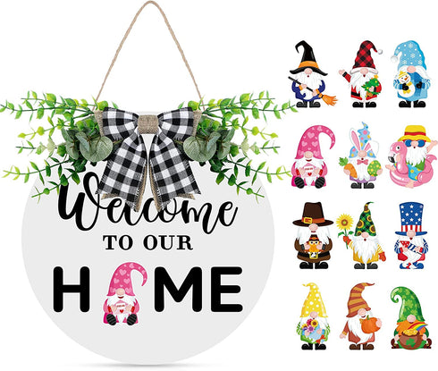 Gnome Wooden Seasonal Welcome Door Sign Interchangeable Welcome to Our Home Round Wood Hanging Front Door Sign with Burlap Bow with 12 Seasonal Ornament for Independence Day Holiday Porch (White)