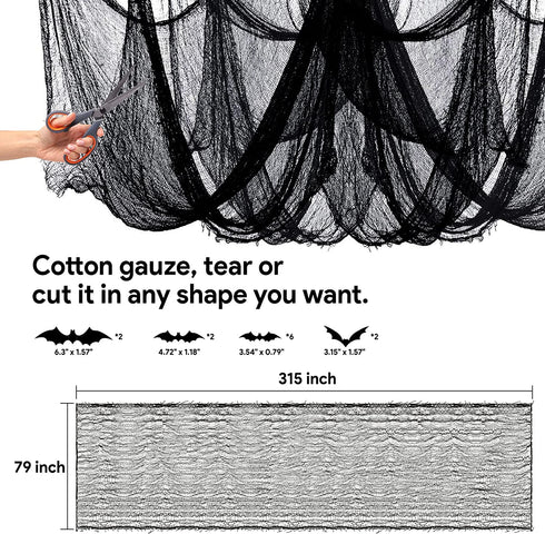 MELLIFUL Huge Halloween Creepy Cloth with 12 PCS Bats Spooky Hanging Scary Gauze Fabric Black 315 x 79 Inch Window Cover Gauze Halloween Decorations for Party Home Wall Yard Outdoor Doorway